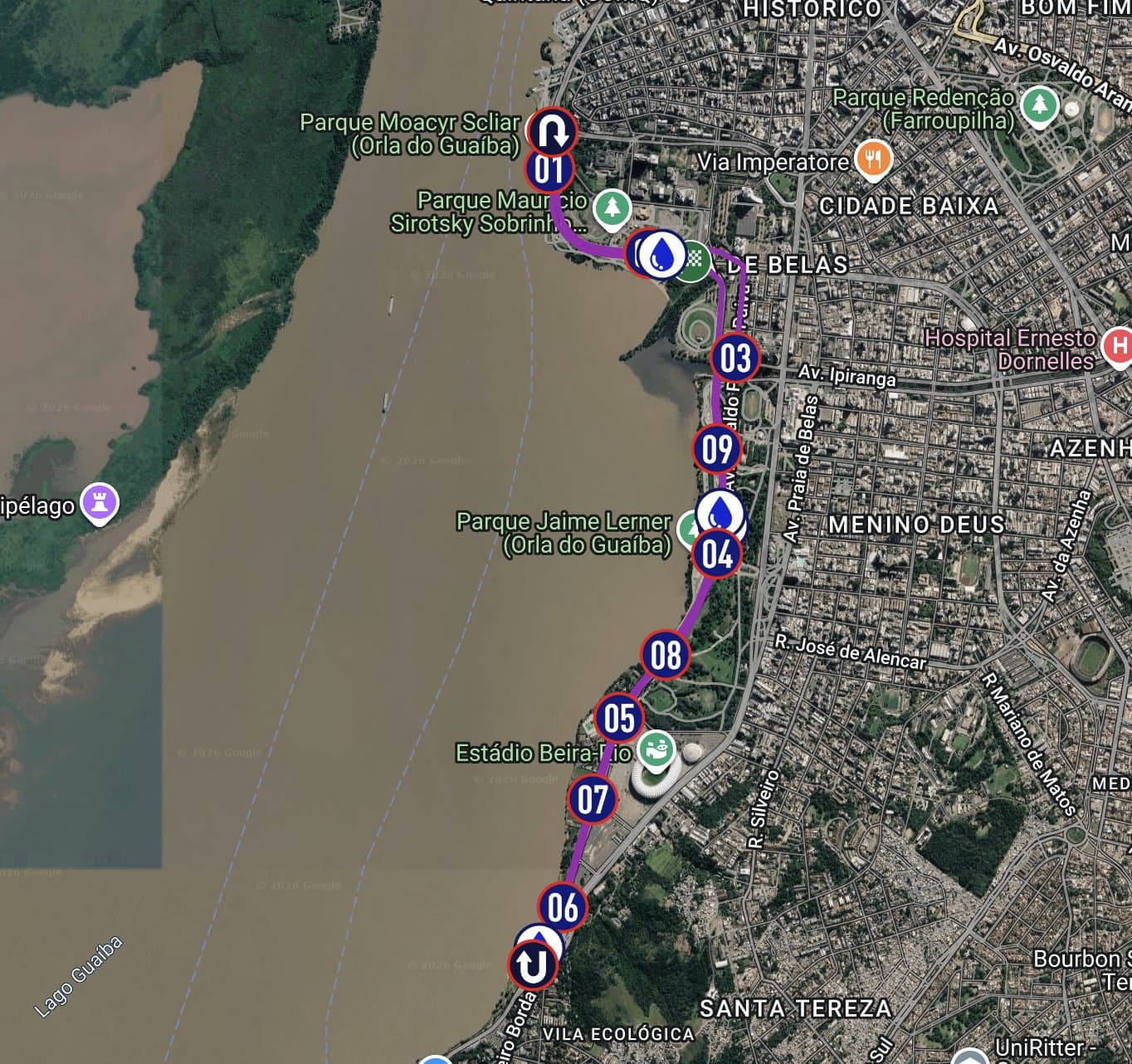 Mapa do percurso de 10km da POA Night Run 2026, com largada na Rótula das Cuias em Porto Alegre