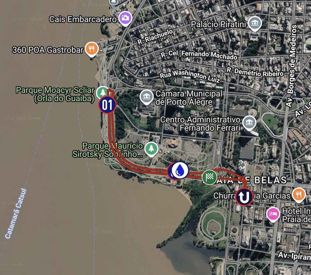 Mapa do percurso de 3km da POA Night Run 2026, com largada na Rótula das Cuias em Porto Alegre